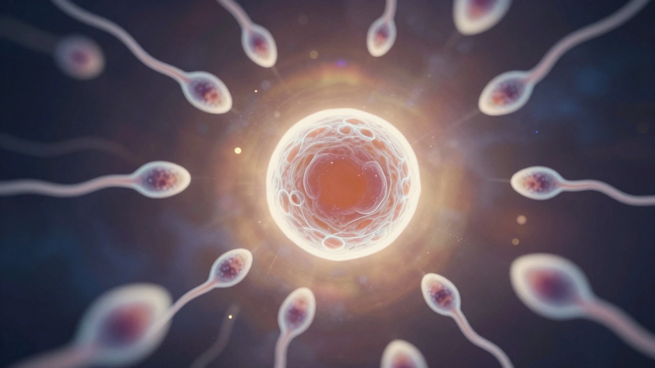 Sperm fertilizing an egg cell surrounded by glowing nutrients
