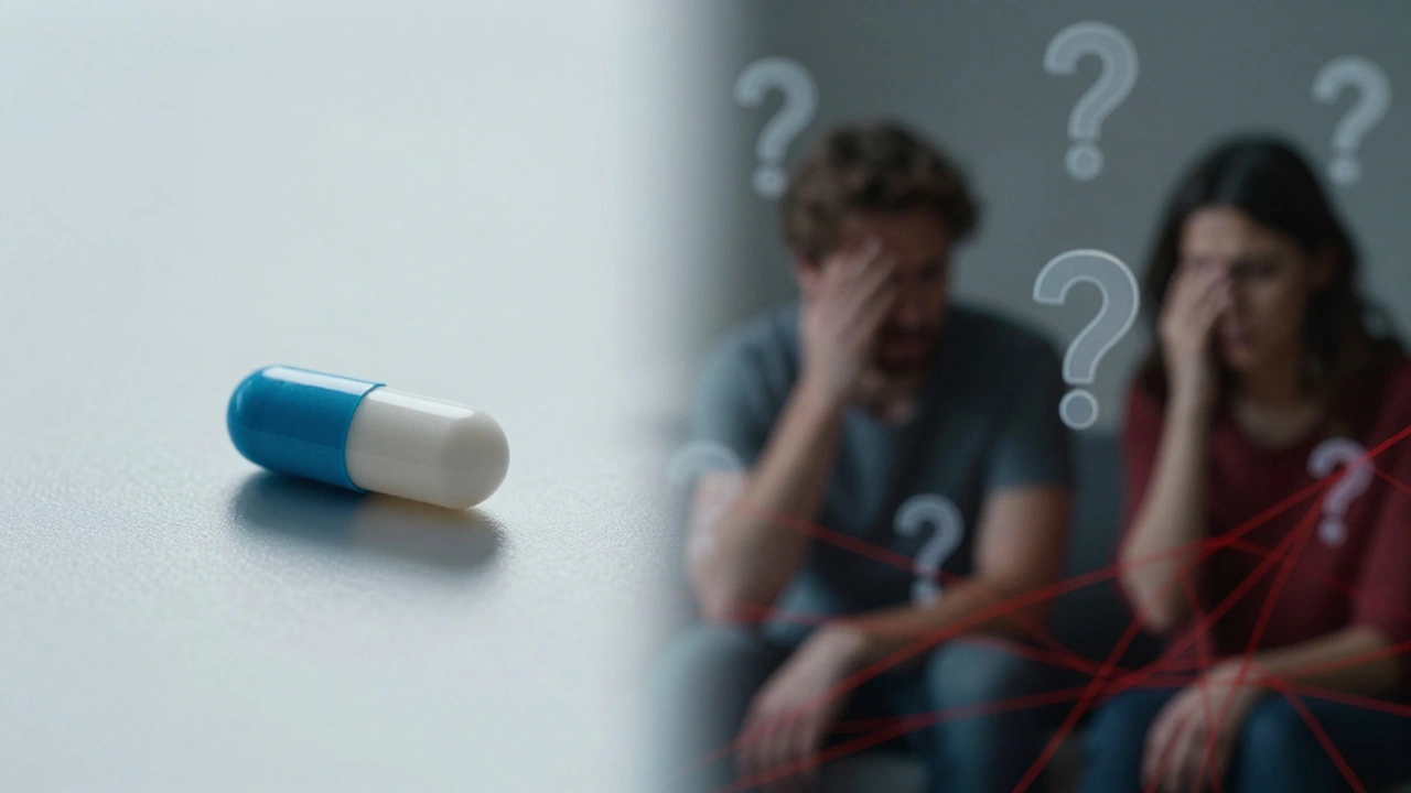 Split image contrasting a clear blue pill for men with blurred, tangled threads representing women's complex distress.