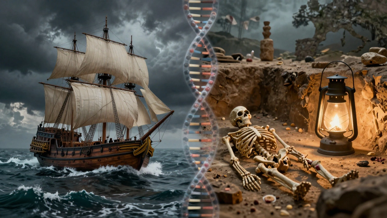 Split image showing Columbus's ships and ancient European skeletons linked by DNA strands.