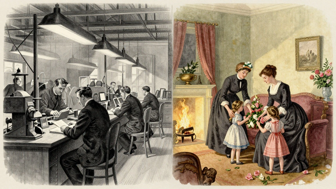 Split image showing industrial workplace for men and domestic home for women
