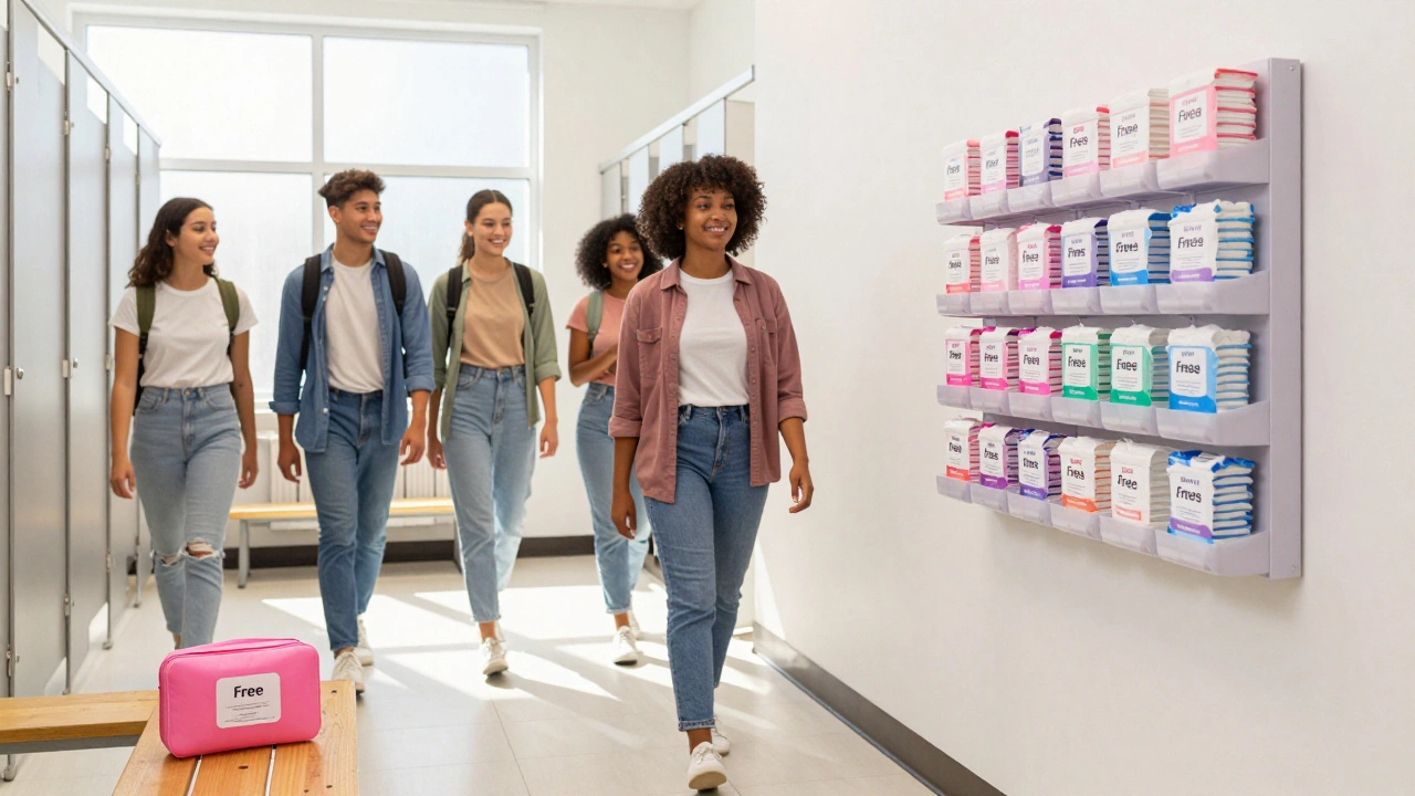Students using free period product dispensers in a school bathroom