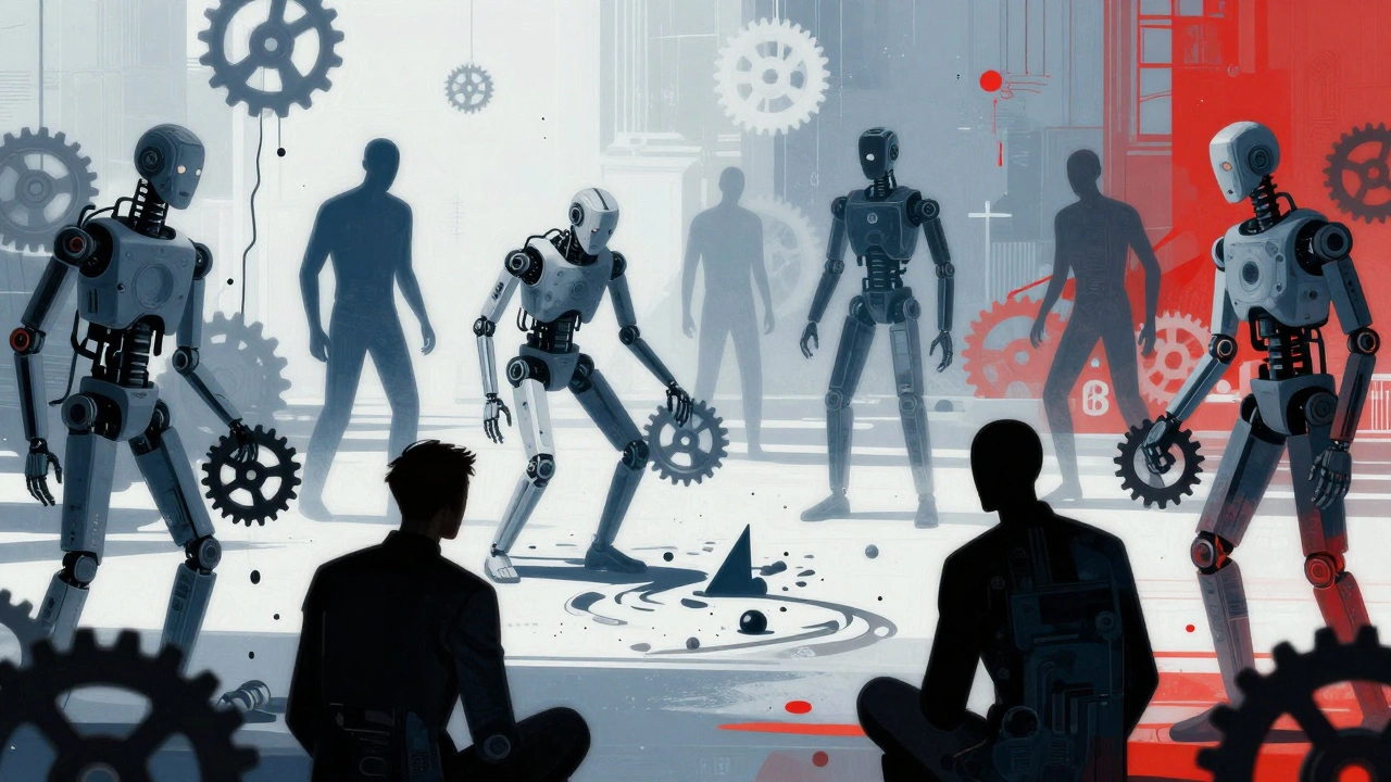 Surreal abstract art showing automation and dismantling of male figures