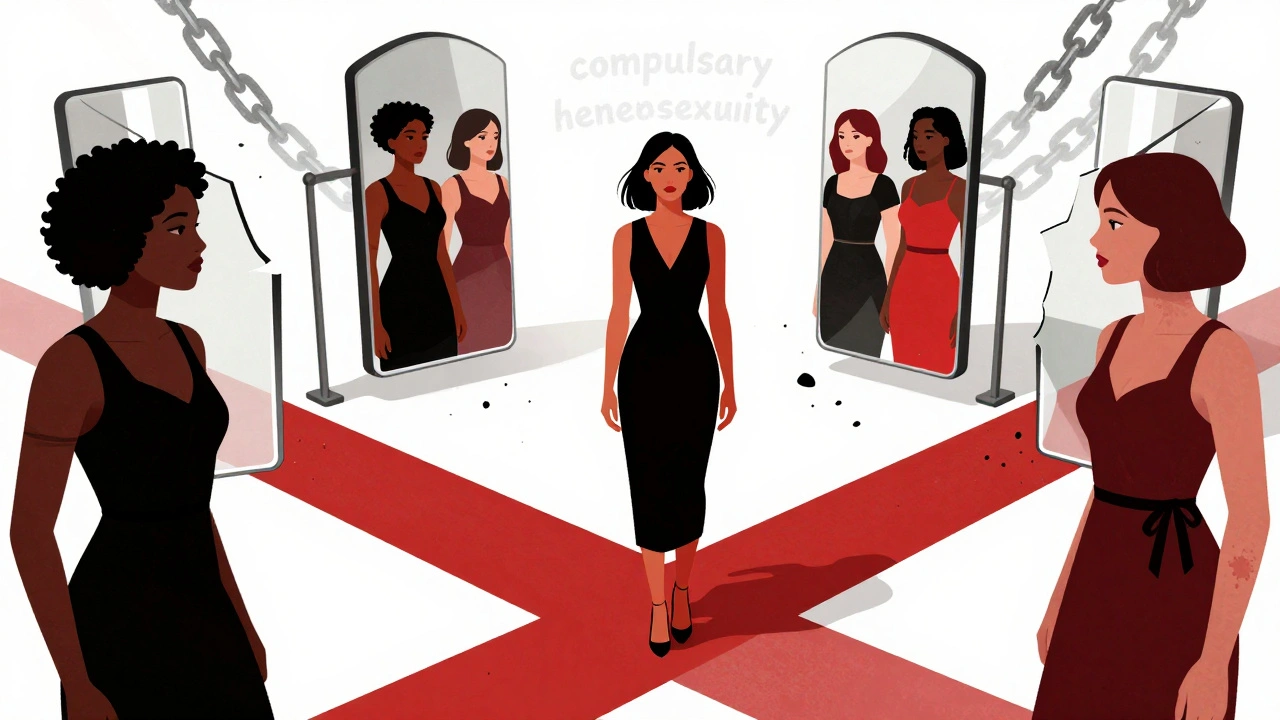 Symbolic art depicting intersectional critiques and evolving queer identities.