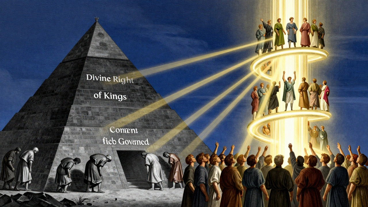 Symbolic illustration contrasting divine right monarchy with consent-based democracy.