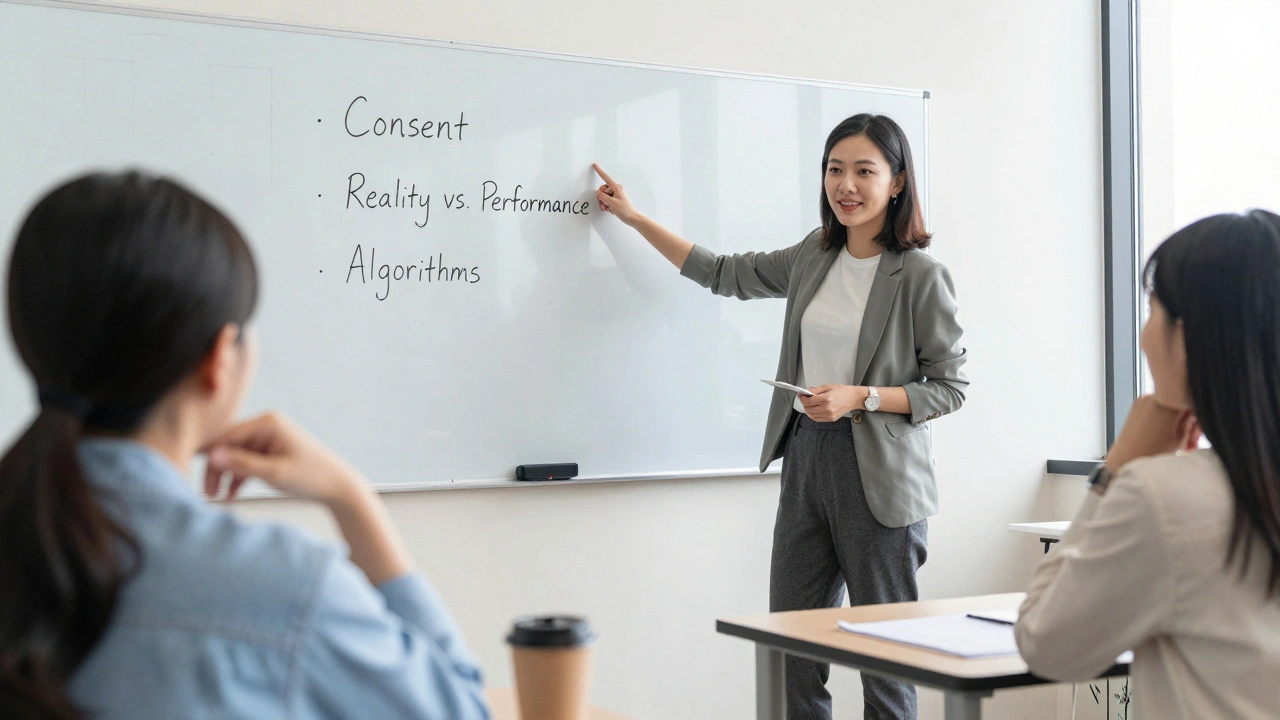 Teacher leading a classroom discussion on media literacy and consent