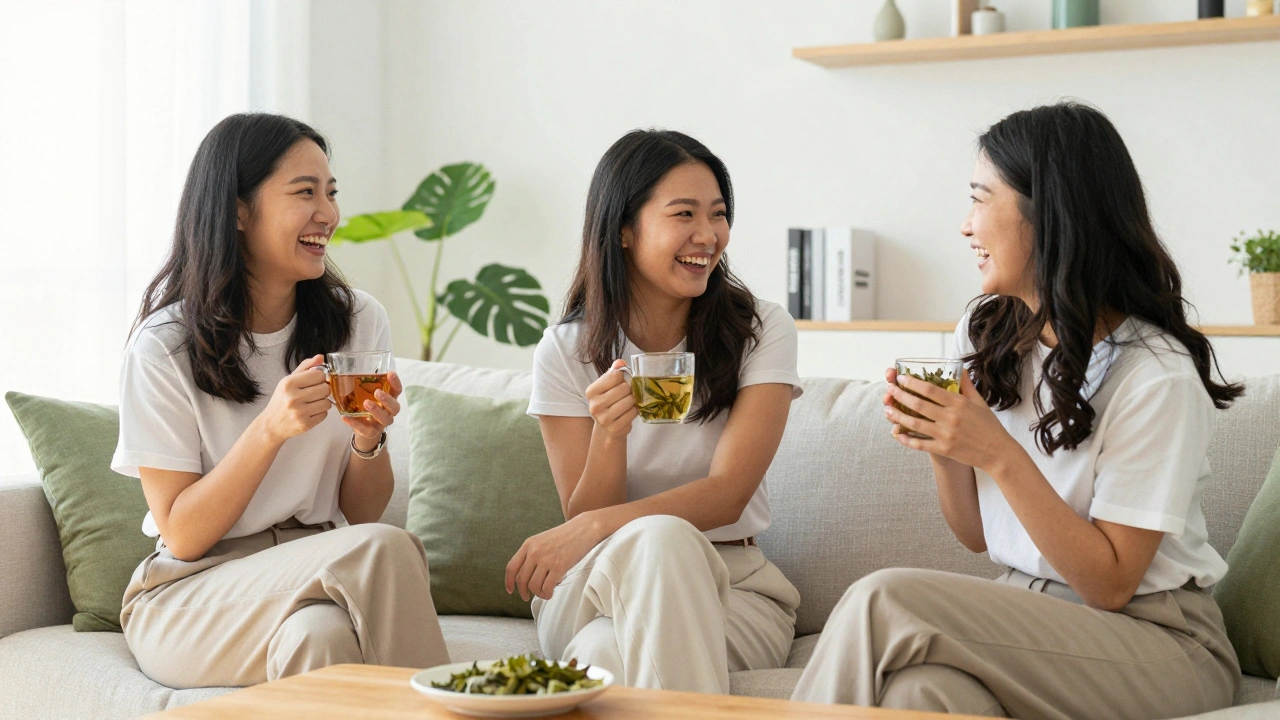 Three diverse women laughing together in a bright, sunny room