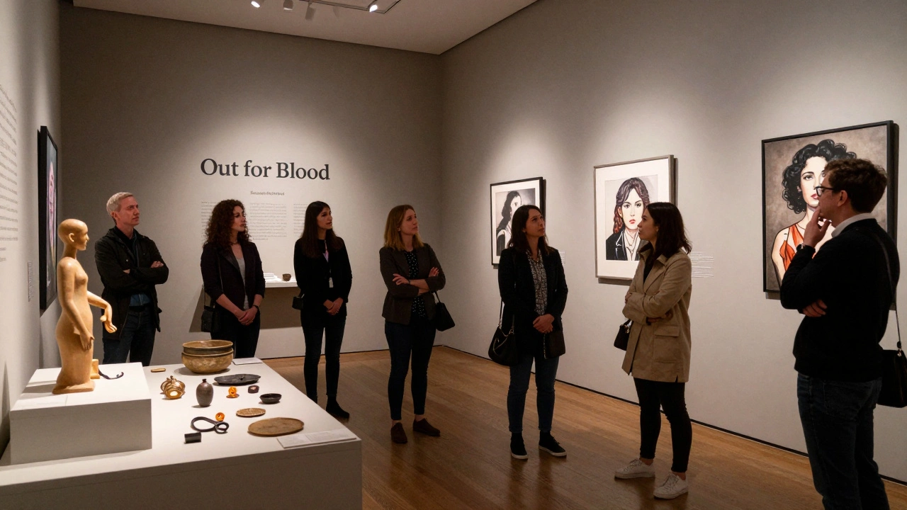Visitors viewing a museum exhibition on menstrual history and equity
