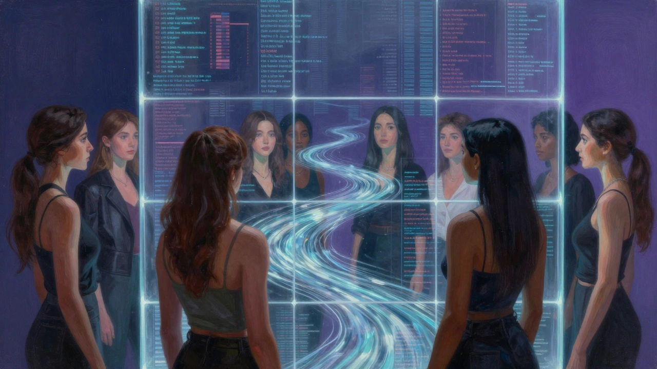 Women behind a digital grid watching data streams, representing algorithmic systemic inequality.