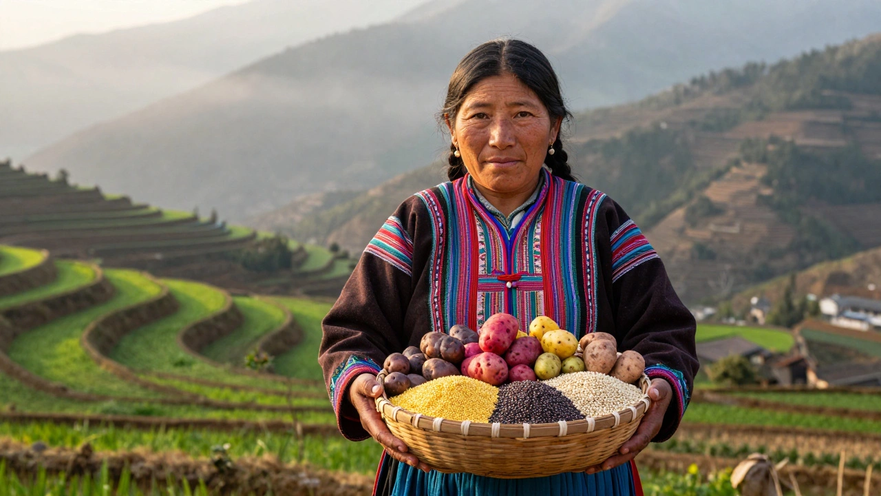 Andean woman holding diverse potatoes and quinoa