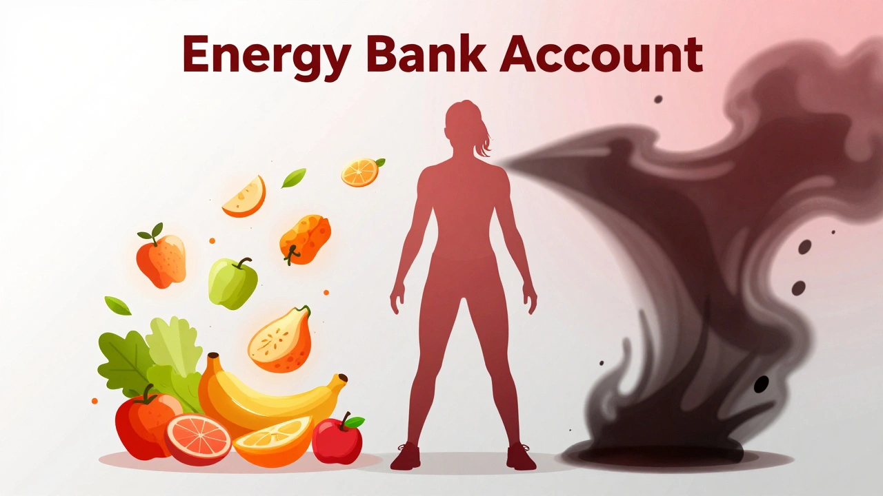 Conceptual art showing energy balance between nutrition and training load for athletes