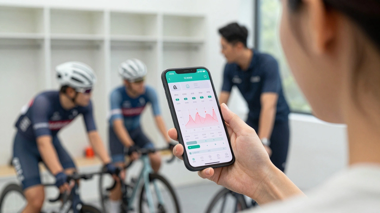 Cyclist checking period tracking app while coach discusses data in locker room