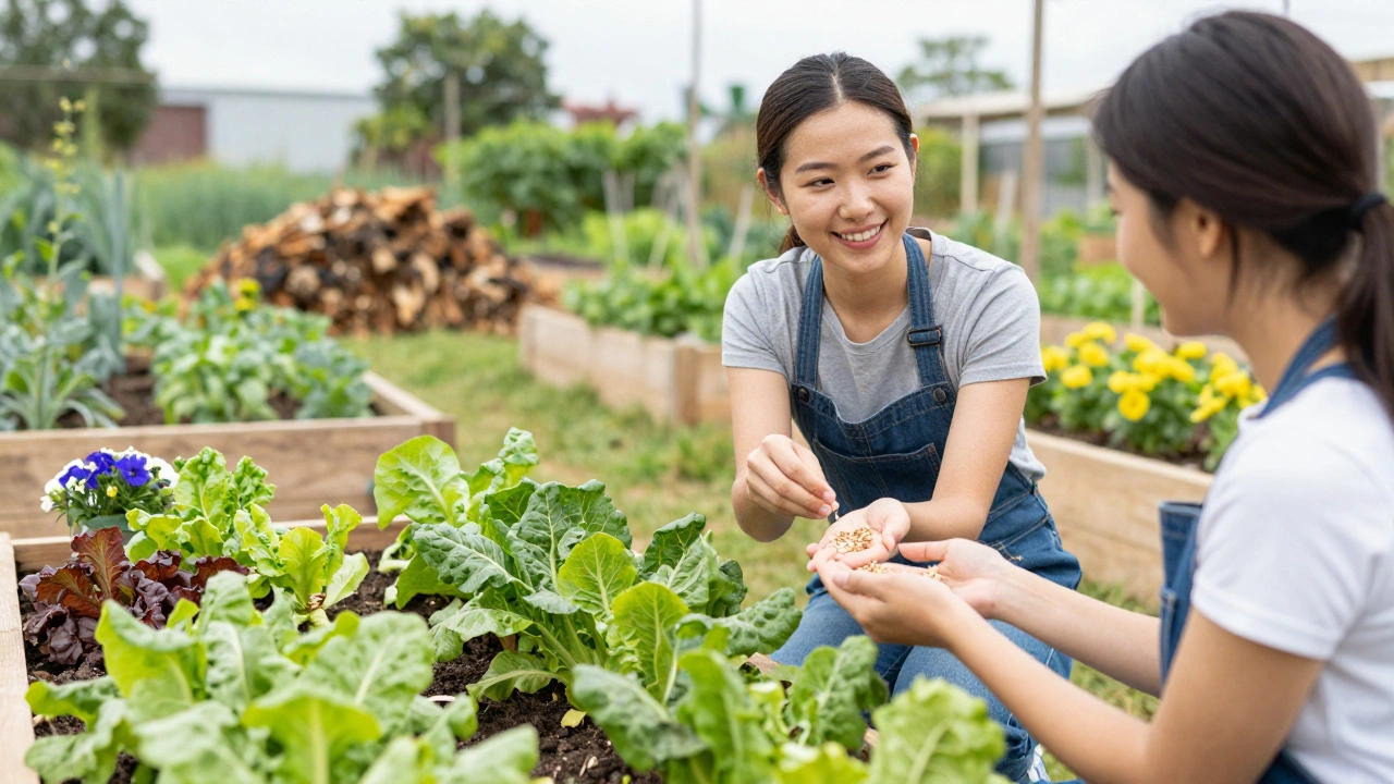 Female organic farmers inspecting crops together