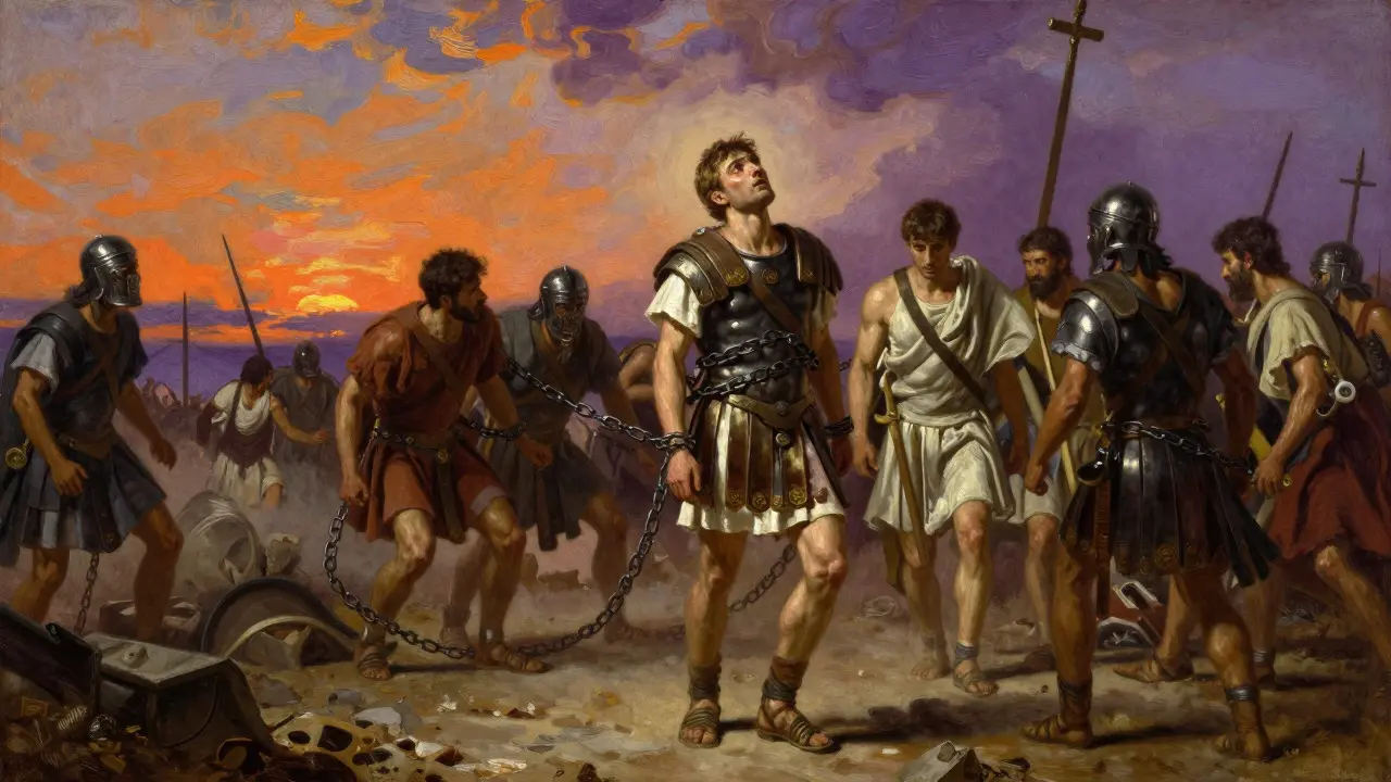 A chained Roman captive is paraded through a battlefield landscape under a dramatic sky.