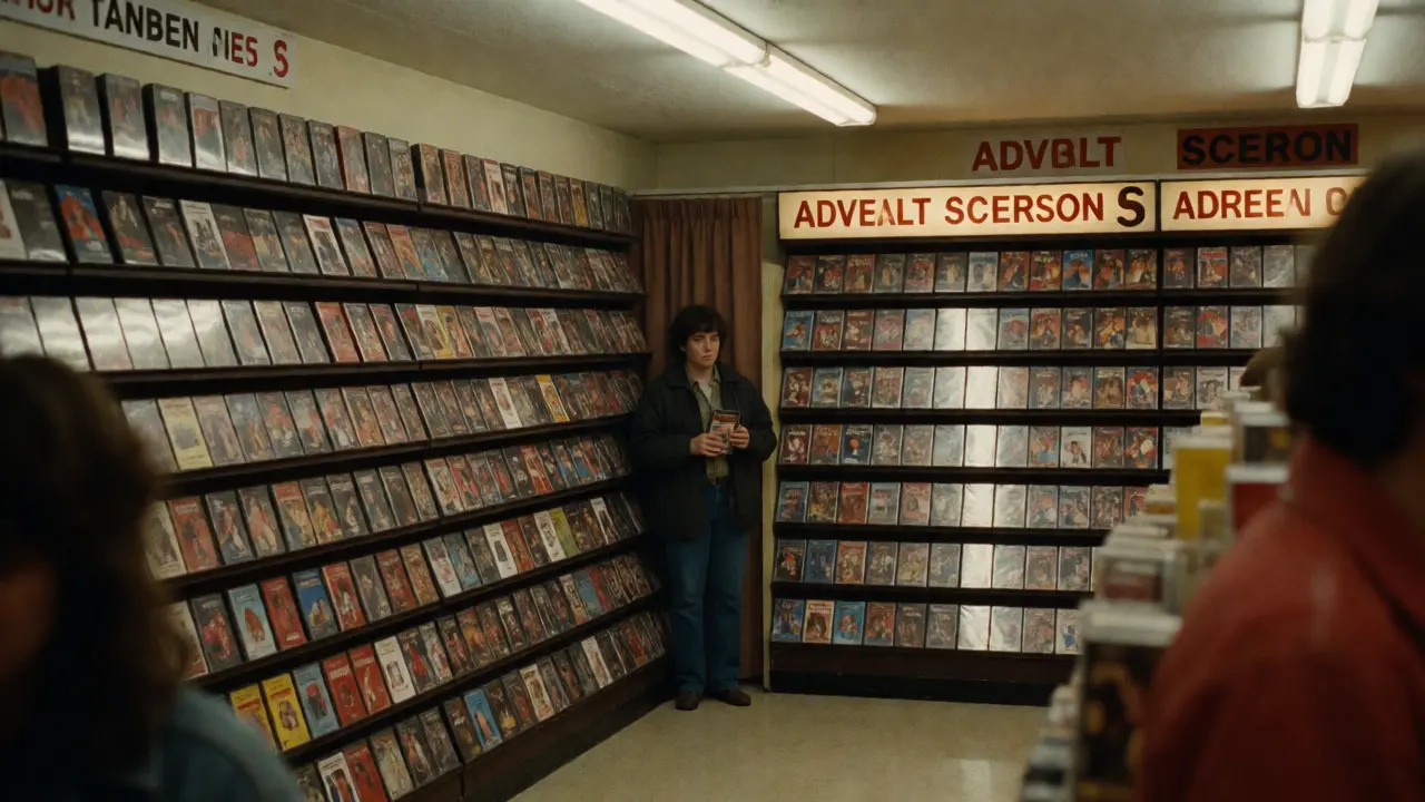 A customer hesitating near the adult section of a retro video rental store.