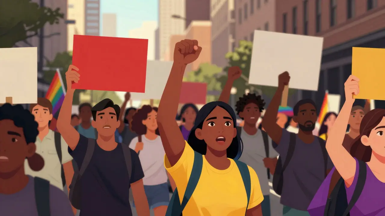 A diverse crowd of activists marching with rainbow flags in a bright, energetic protest rally.