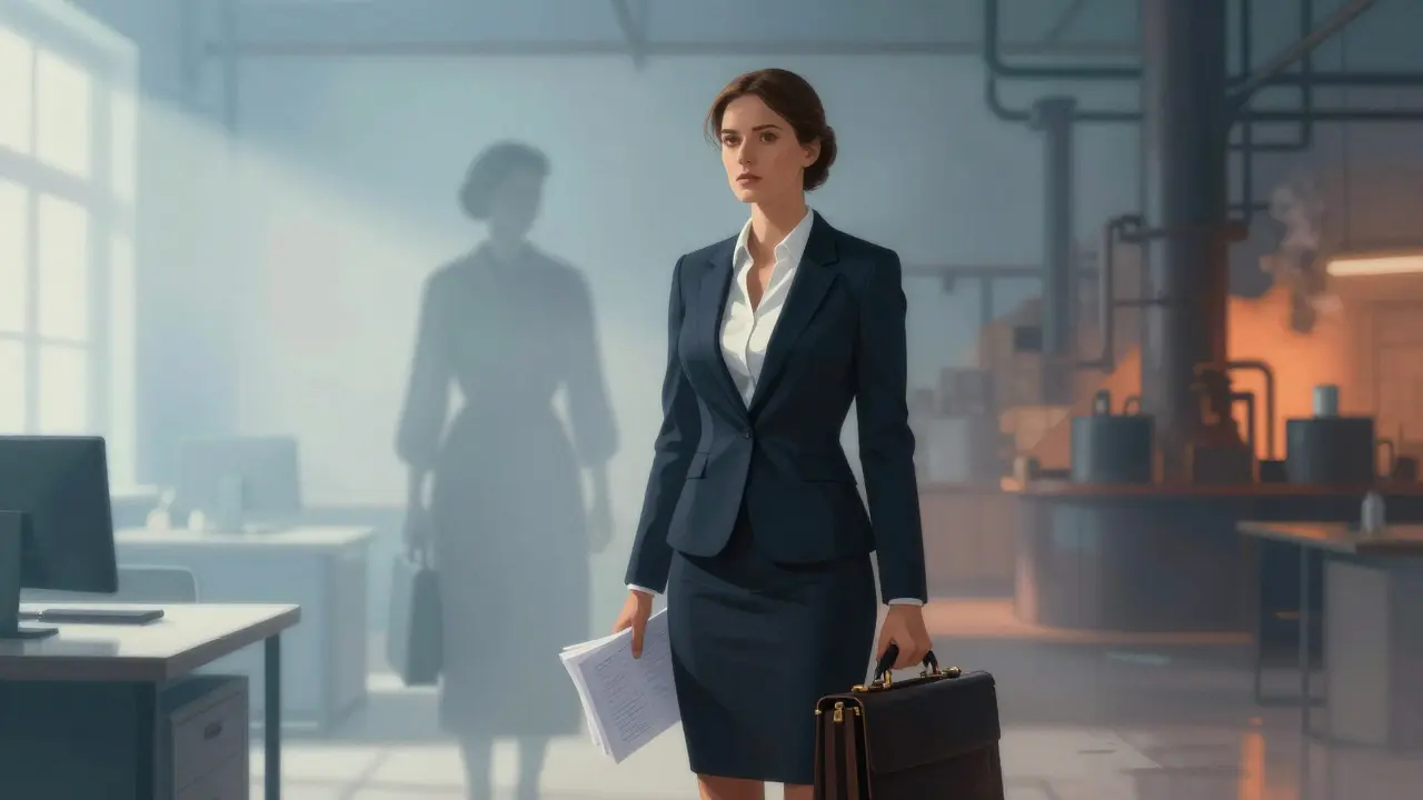 A modern professional woman with a ghostly image of a factory worker behind her