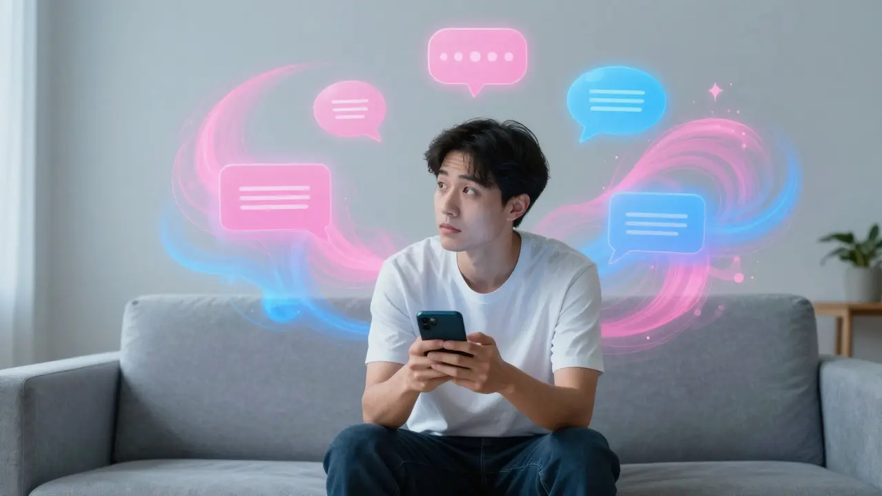 A person ignoring phone distractions in a modern room, surrounded by abstract thought clouds