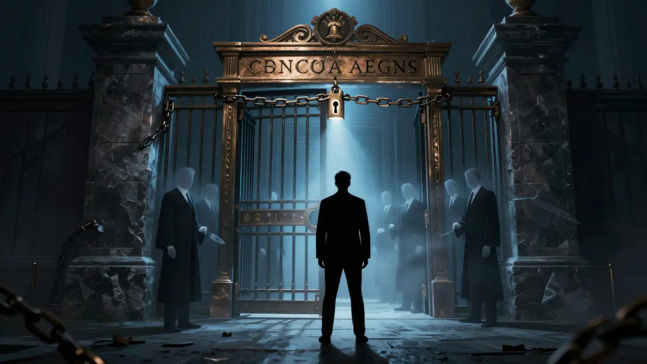 A silhouette stands before a locked bronze gate, surrounded by fading figures of authority.