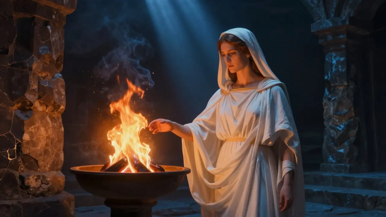A Vestal Virgin tending the sacred fire in a temple, representing religious authority and prestige.