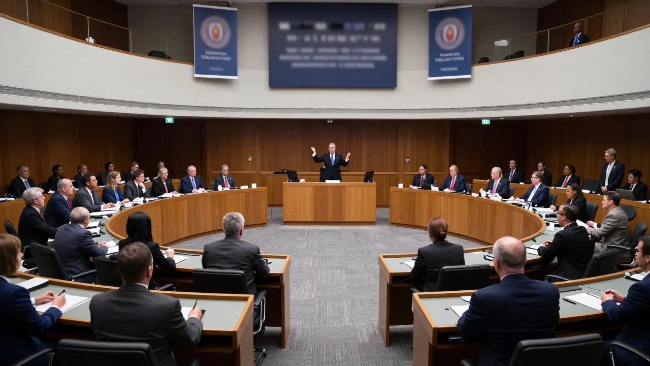 A wide view of a busy legislative chamber with politicians debating