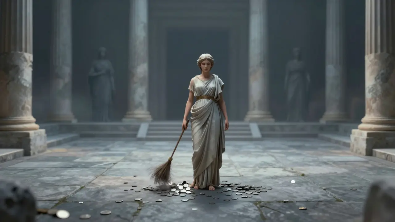 A woman stands alone in a stone courtyard as coins fade around her