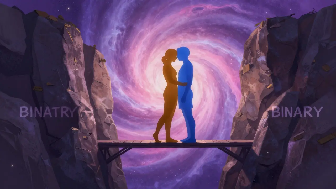Abstract art of a dual-colored silhouette bridging two cliffs under a starry sky