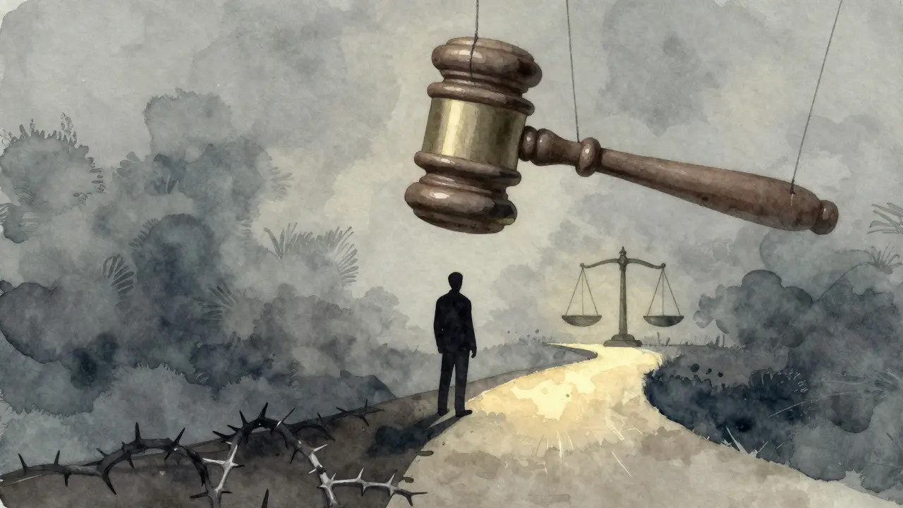 Abstract art showing a suspended gavel and a path to justice