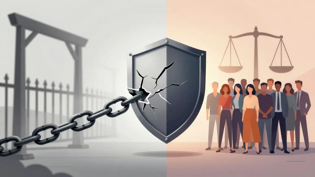 Abstract art showing chains breaking into a shield of justice