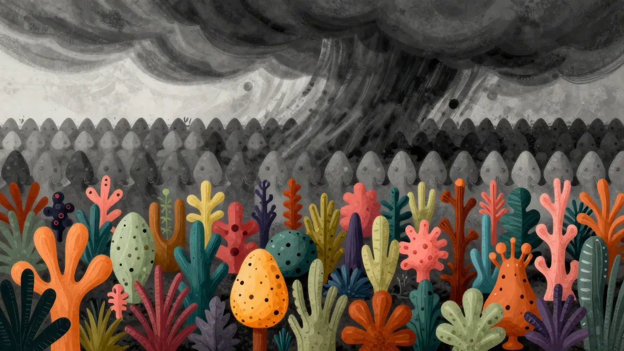 Abstract art showing diverse colorful shapes surviving a threat while uniform gray ones fail