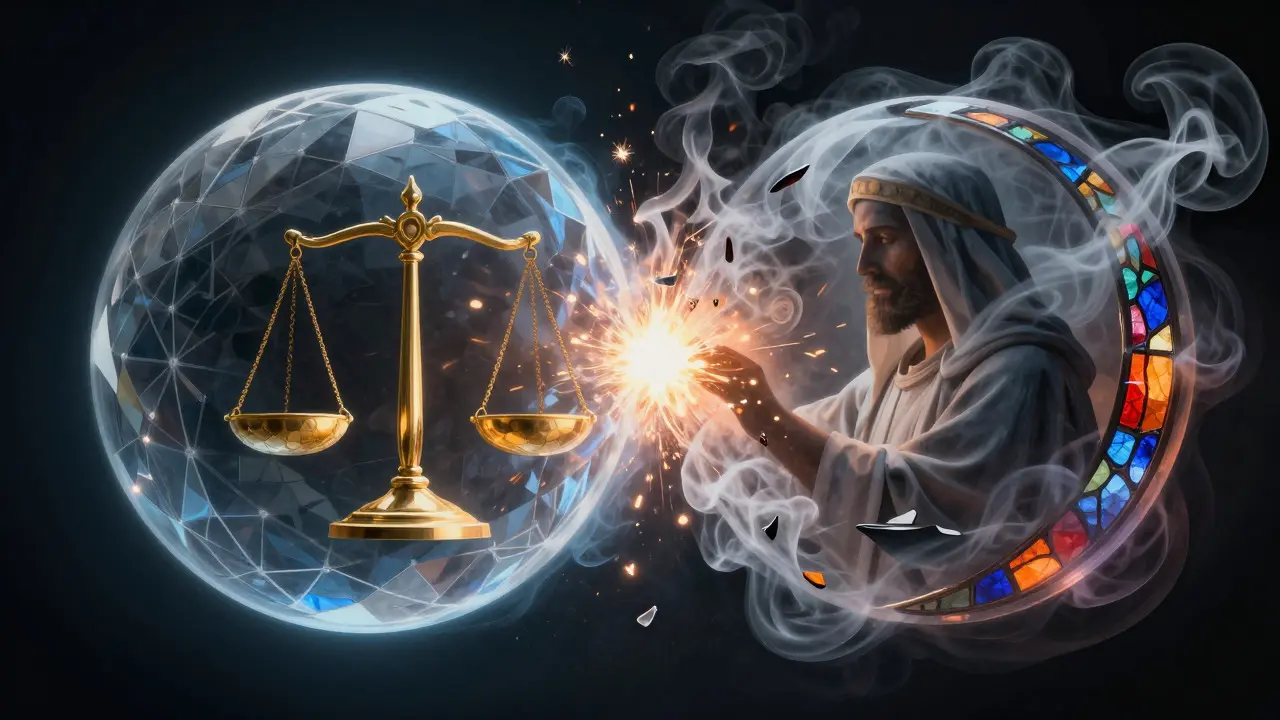 Abstract art showing two glowing spheres colliding, representing law and faith
