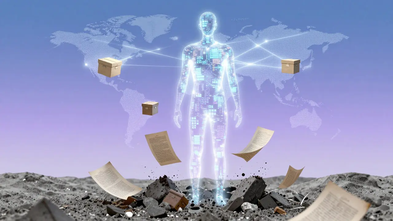 Abstract figure made of light rising from ashes, symbolizing digital archiving