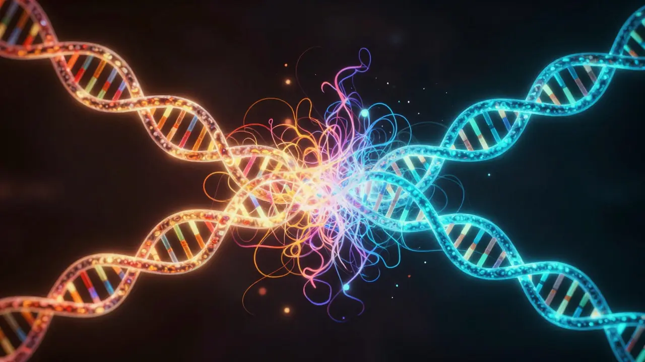 Abstract illustration of two DNA strands merging to form a unique genetic combination