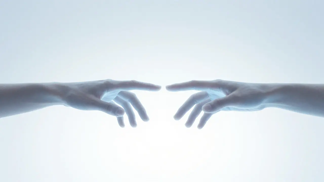 Abstract illustration of two glowing hands reaching toward each other, representing mutual consent and mercy
