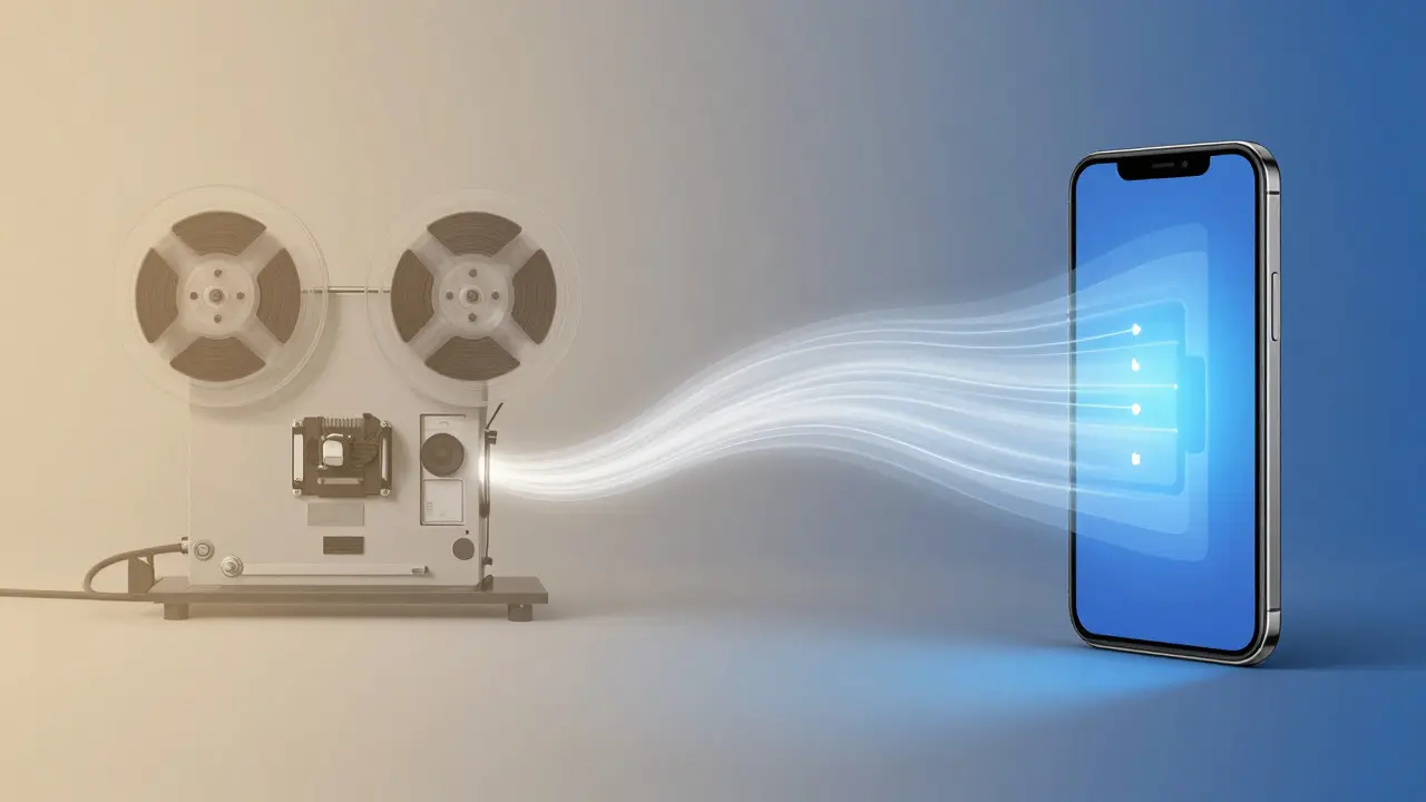 Abstract illustration showing a film reel transforming into a smartphone screen