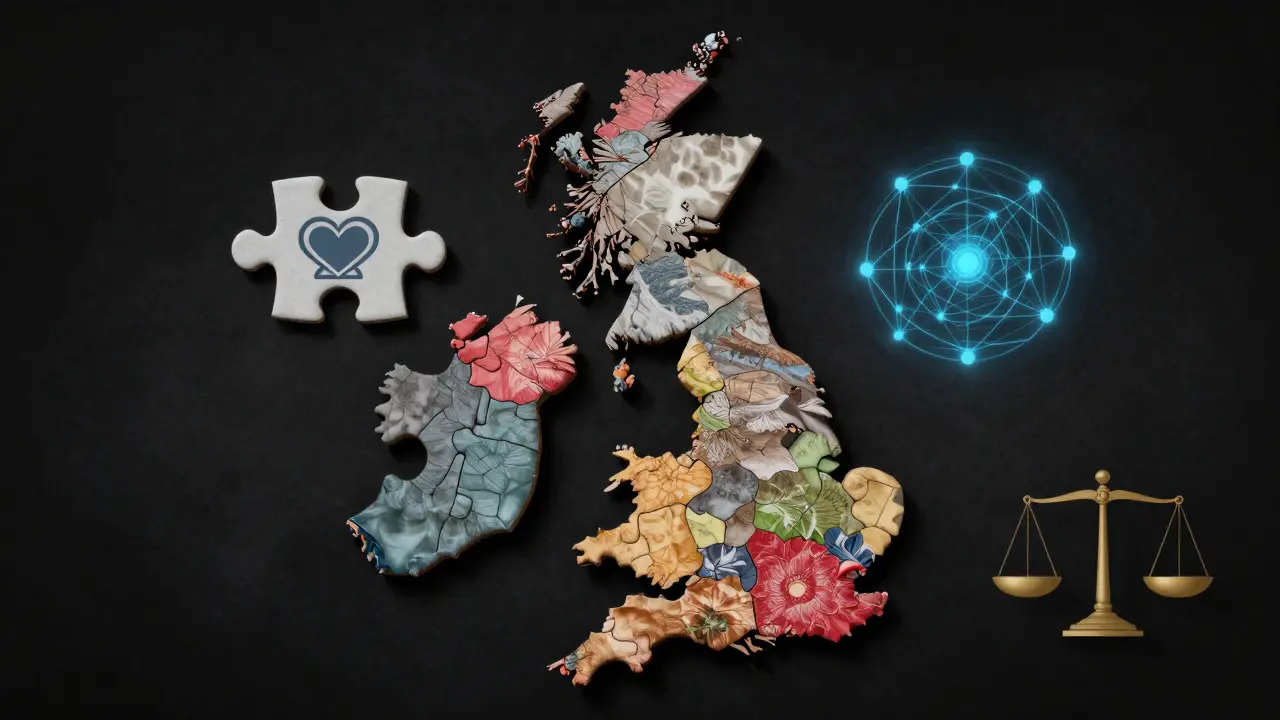 Abstract map of the UK showing decentralized education models with icons for relationships and equality