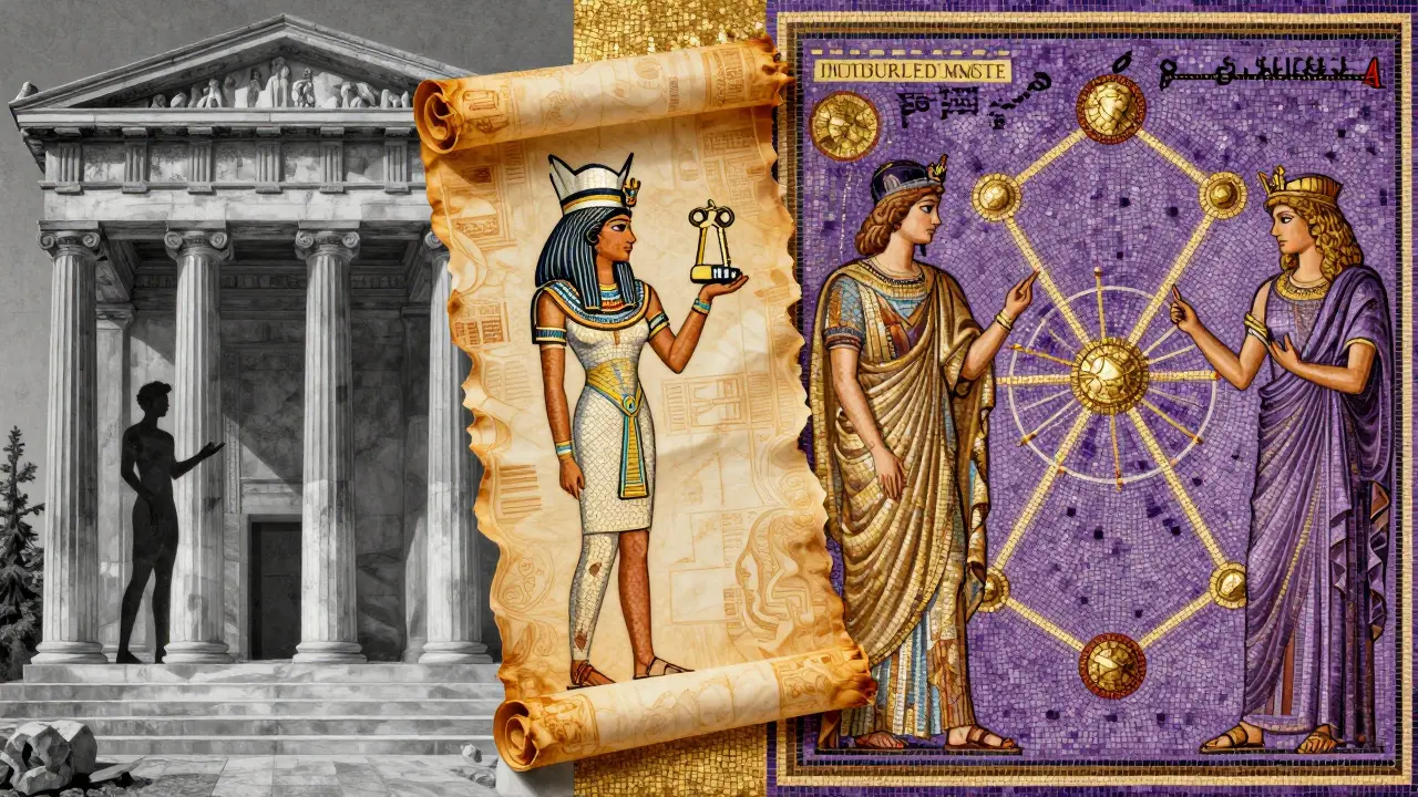 An abstract collage contrasting Greek, Egyptian, and Roman views of female status and power.