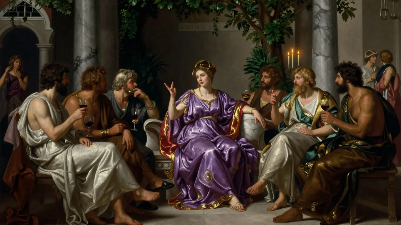 An elegant courtesan converses with elite men at a lavish symposium