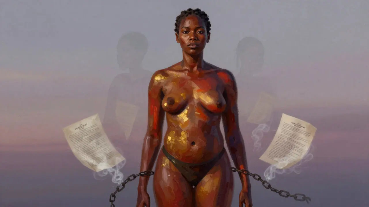 Artistic depiction of a woman surrounded by dissolving chains and documents