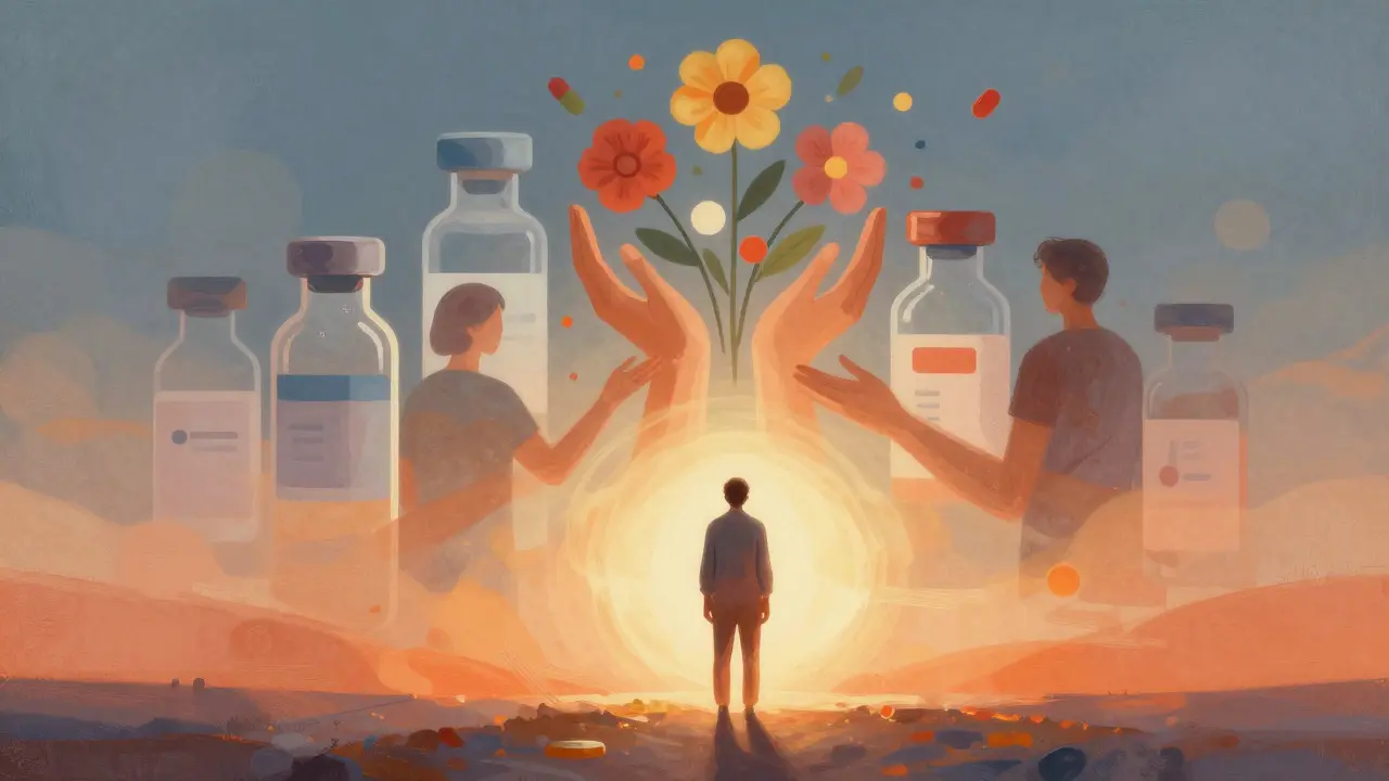 Artistic depiction of hope and community emerging from medical crisis