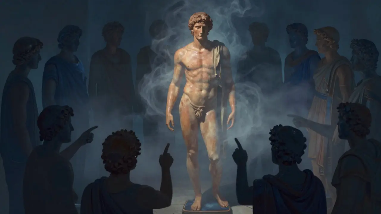 Artistic depiction of social shame isolating a man among faceless critics