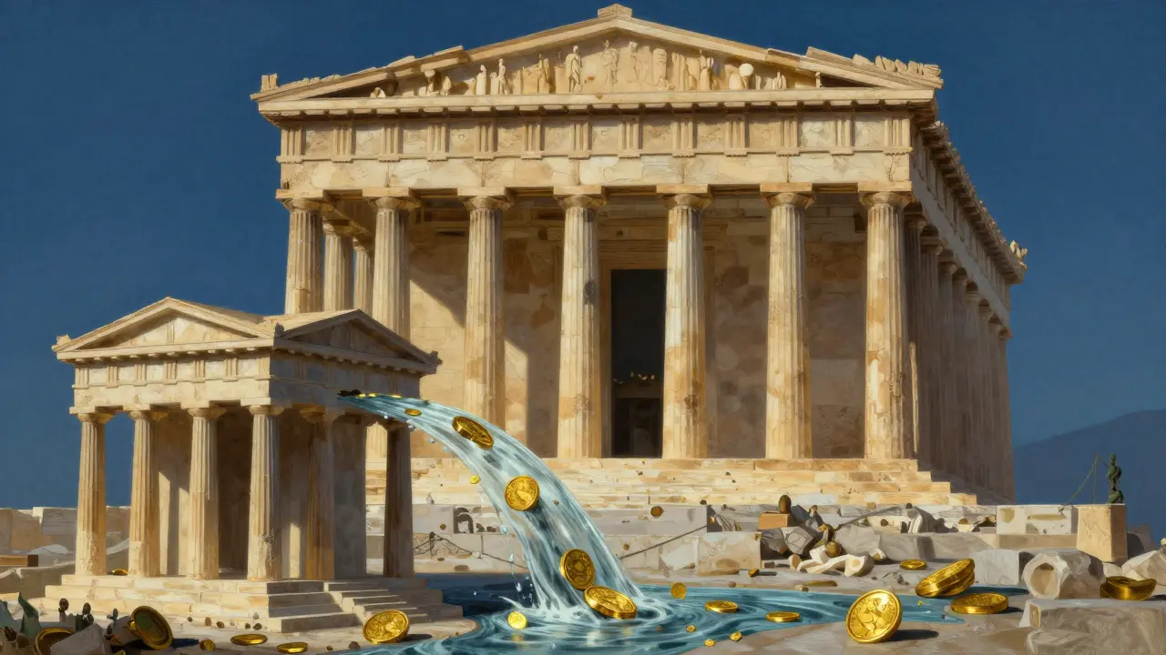 Artistic depiction of tax coins flowing from a small building into a grand temple foundation