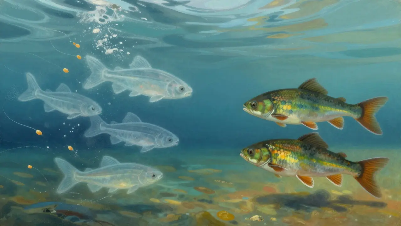 Artistic depiction of the evolutionary shift from external to internal fish fertilization
