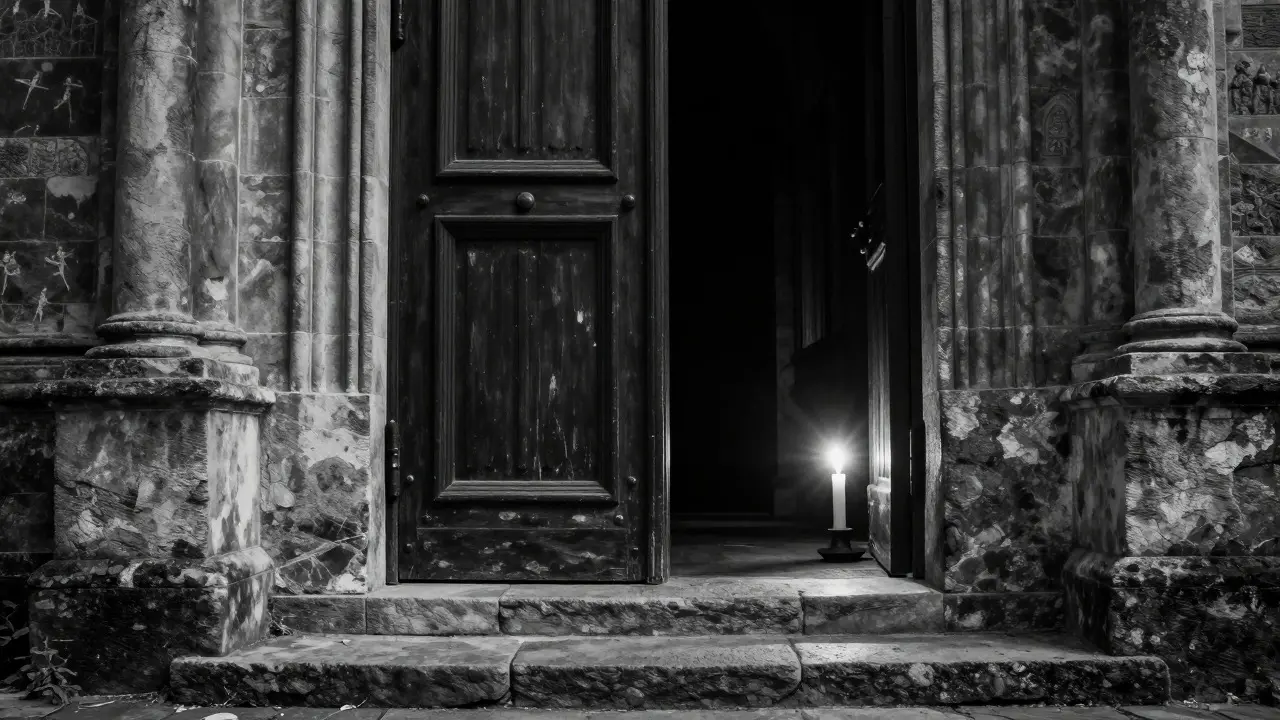 Black and white photo of a cathedral door opening to a dark interior