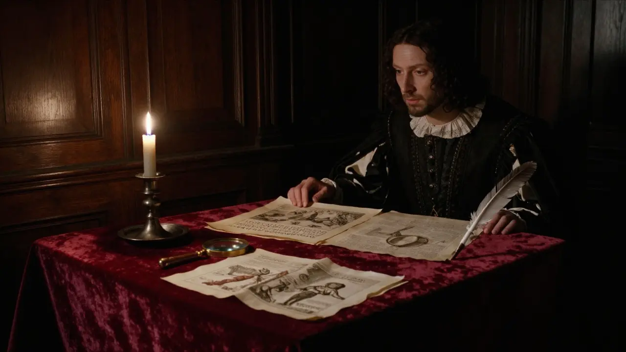 Candlelit study showing a hidden collection of erotic engravings in a Renaissance cabinet.