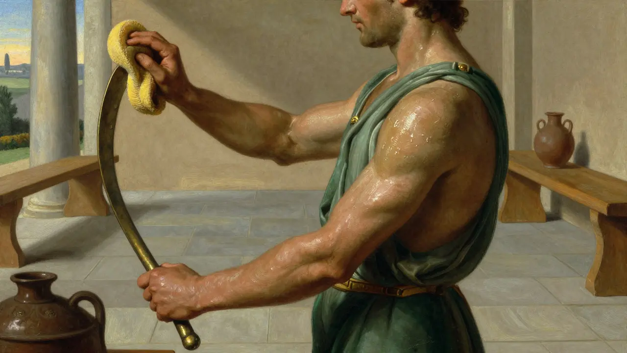 Classical illustration of an athlete applying oil with a sponge and strigil
