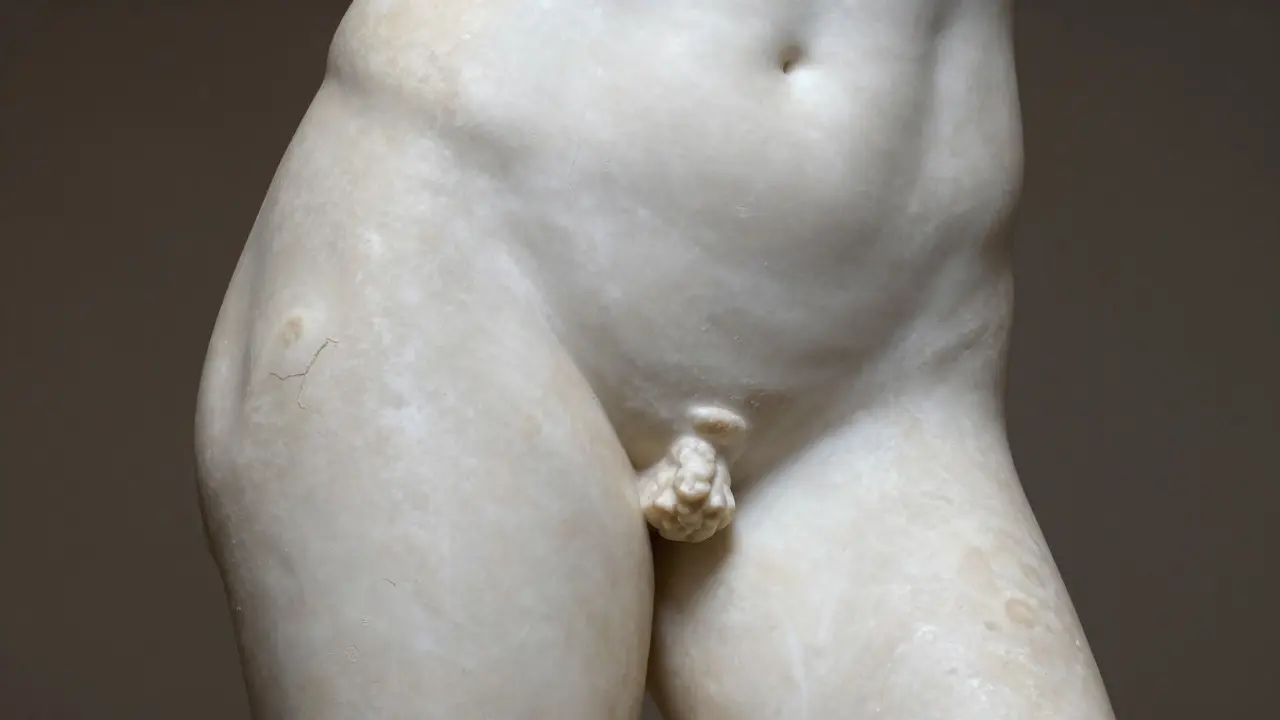 Close-up detail of the marble Hermaphroditus statue showing blended anatomy