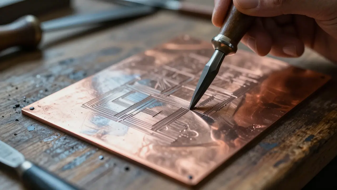 Close-up of a steel burin carving fine lines into a copper plate for engraving.
