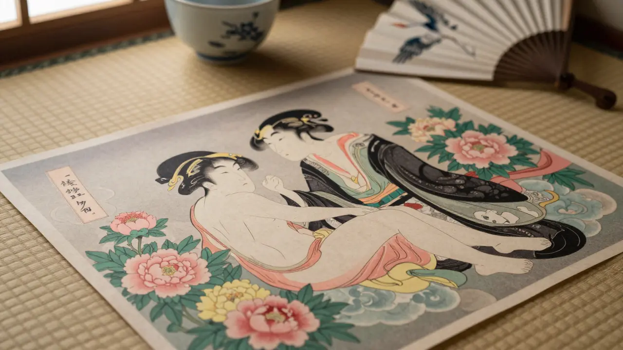 Close-up of a traditional Japanese Shunga woodblock print on a tatami mat
