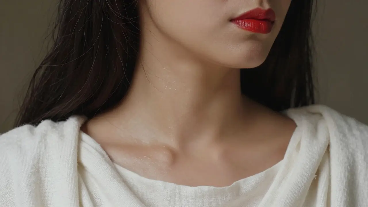 Close-up of a woman's profile with dark hair and red lips in warm light