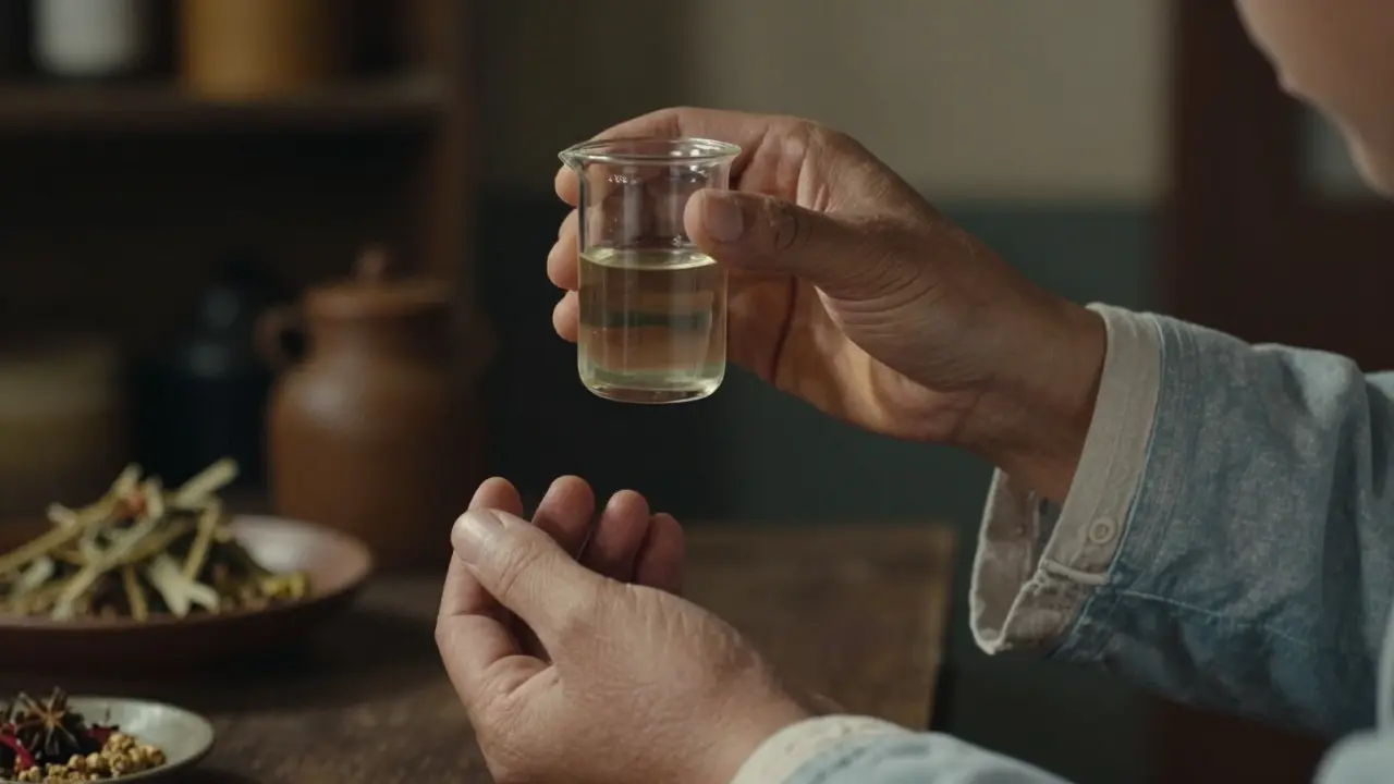 Close-up of ancient medical diagnosis using urine examination and pulse reading